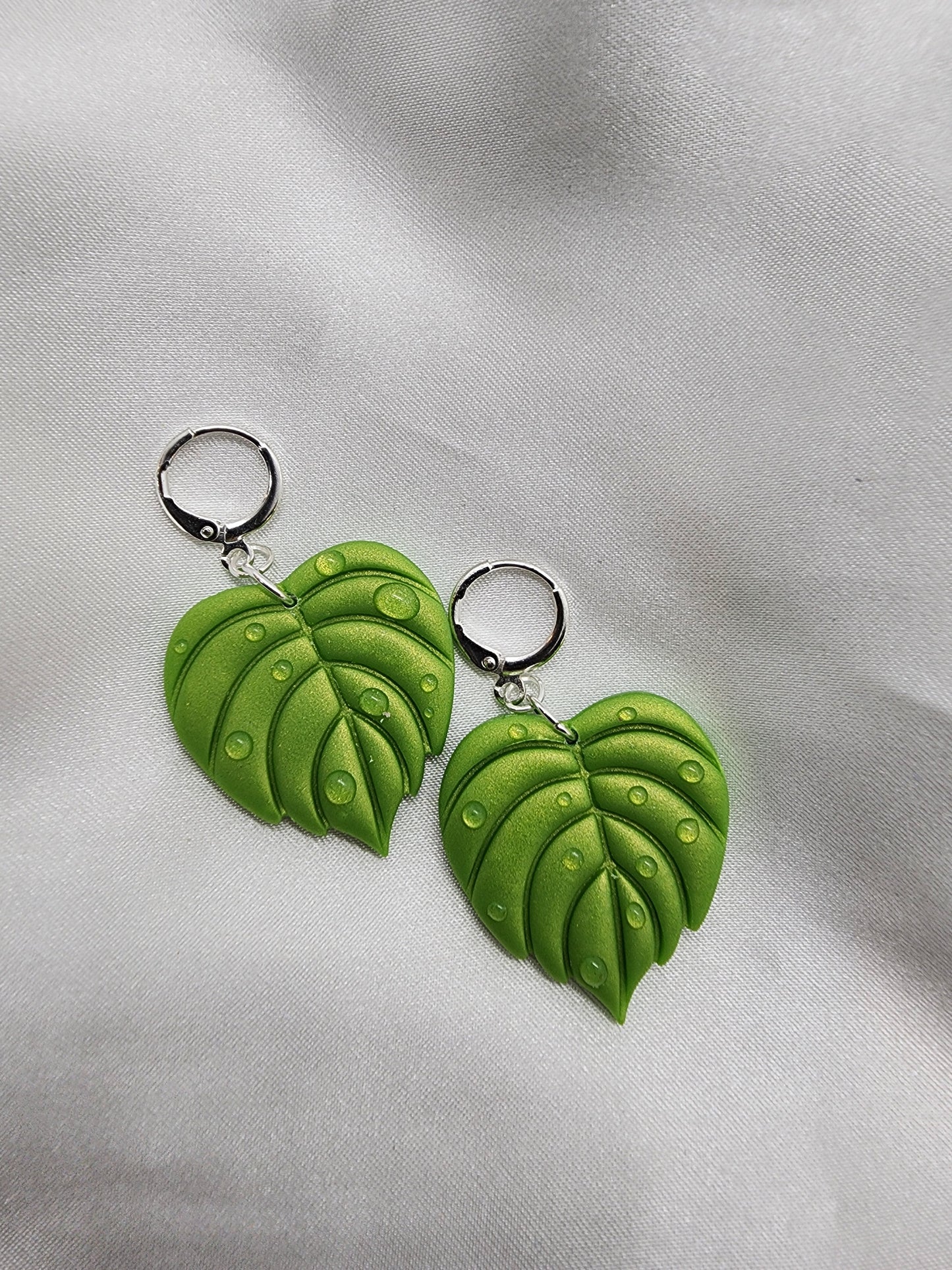 Tropical Leaf with Water Droplets Earrings