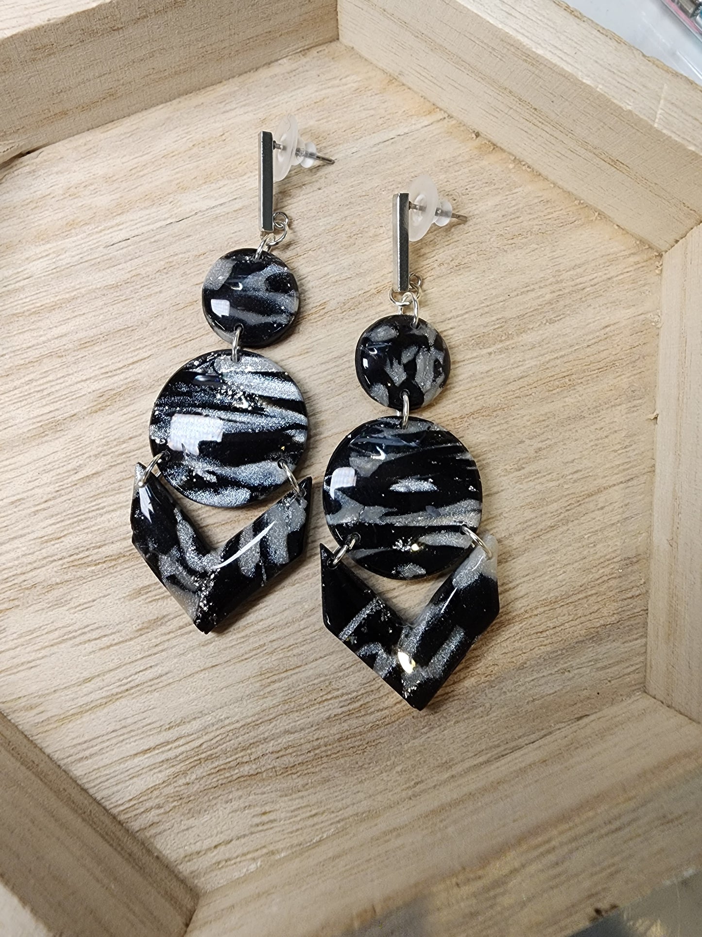 Marbled Shimmery Black & White Clay Earrings