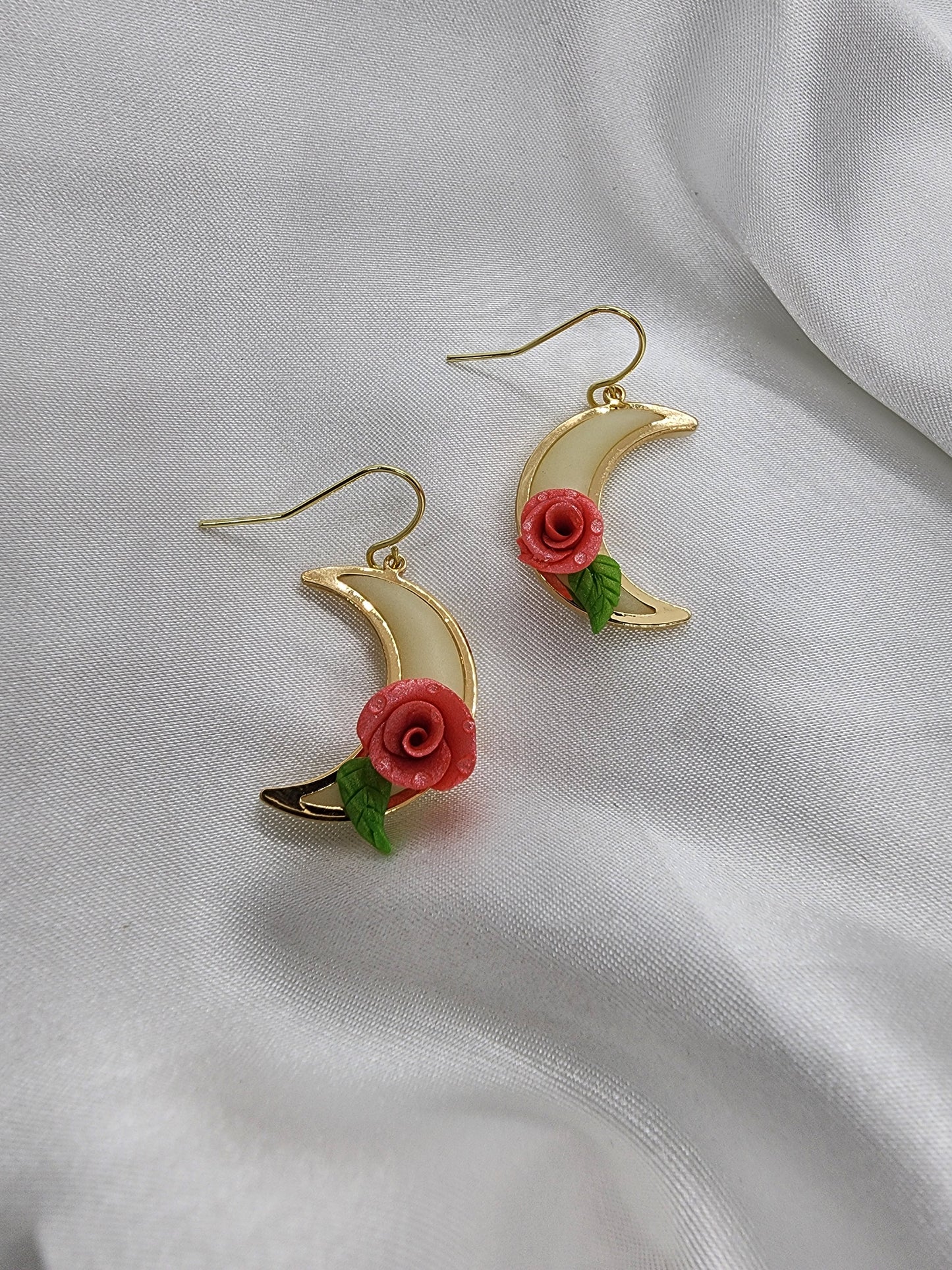 Crescent Moons with Pink Rose Clay Earrings