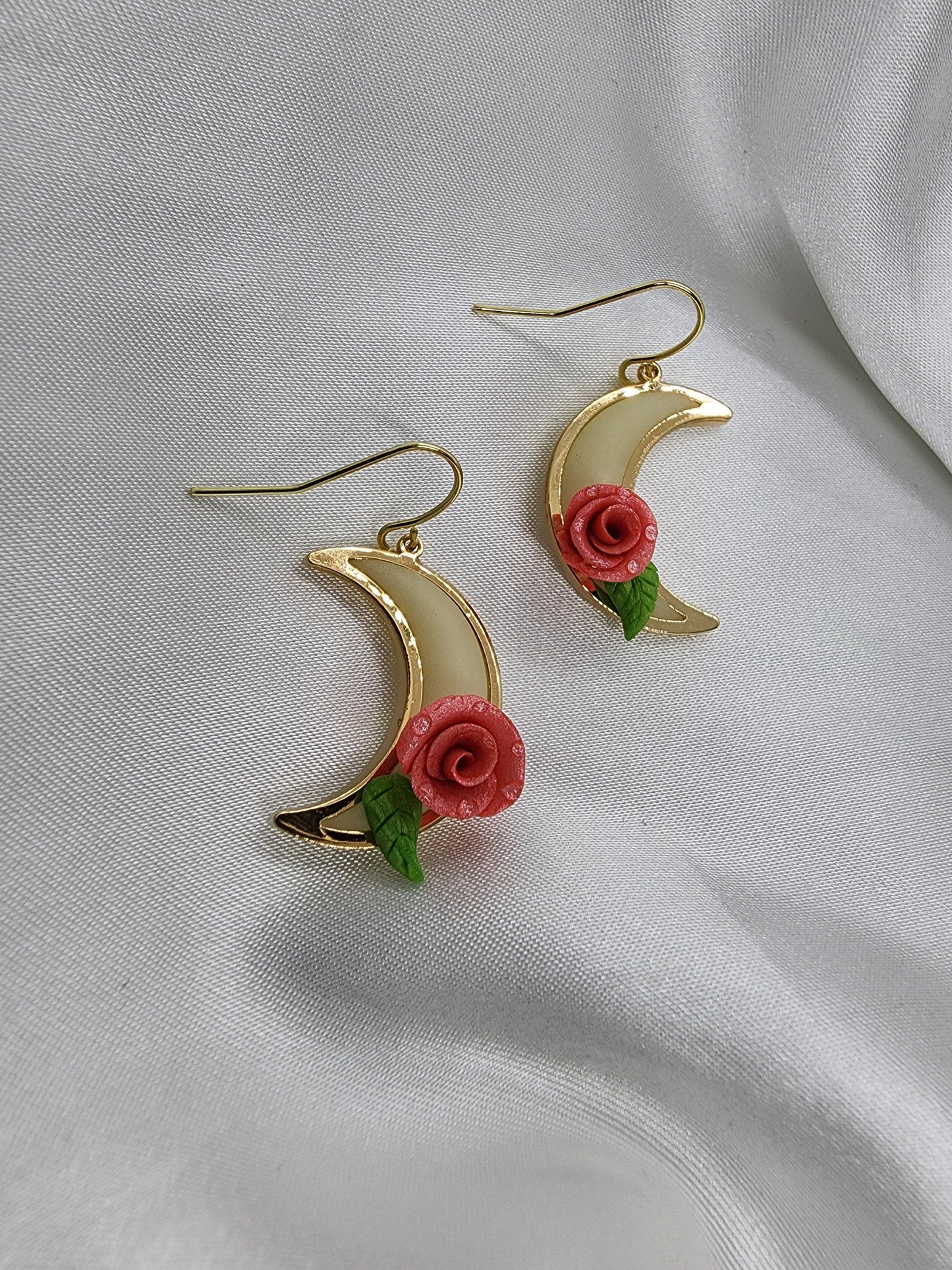 Crescent Moons with Pink Rose Clay Earrings