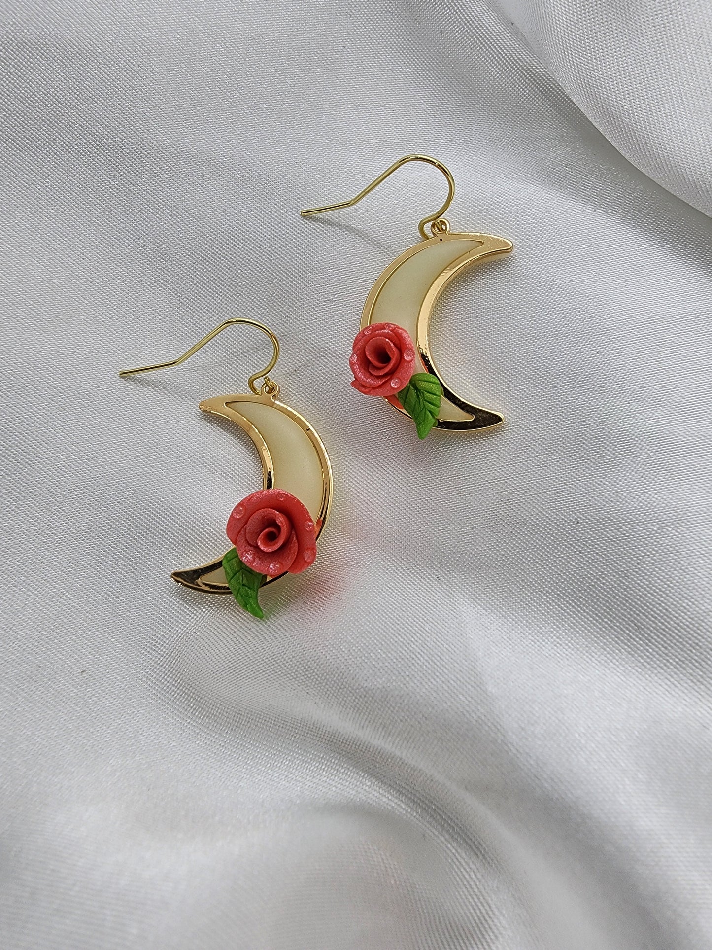 Crescent Moons with Pink Rose Clay Earrings