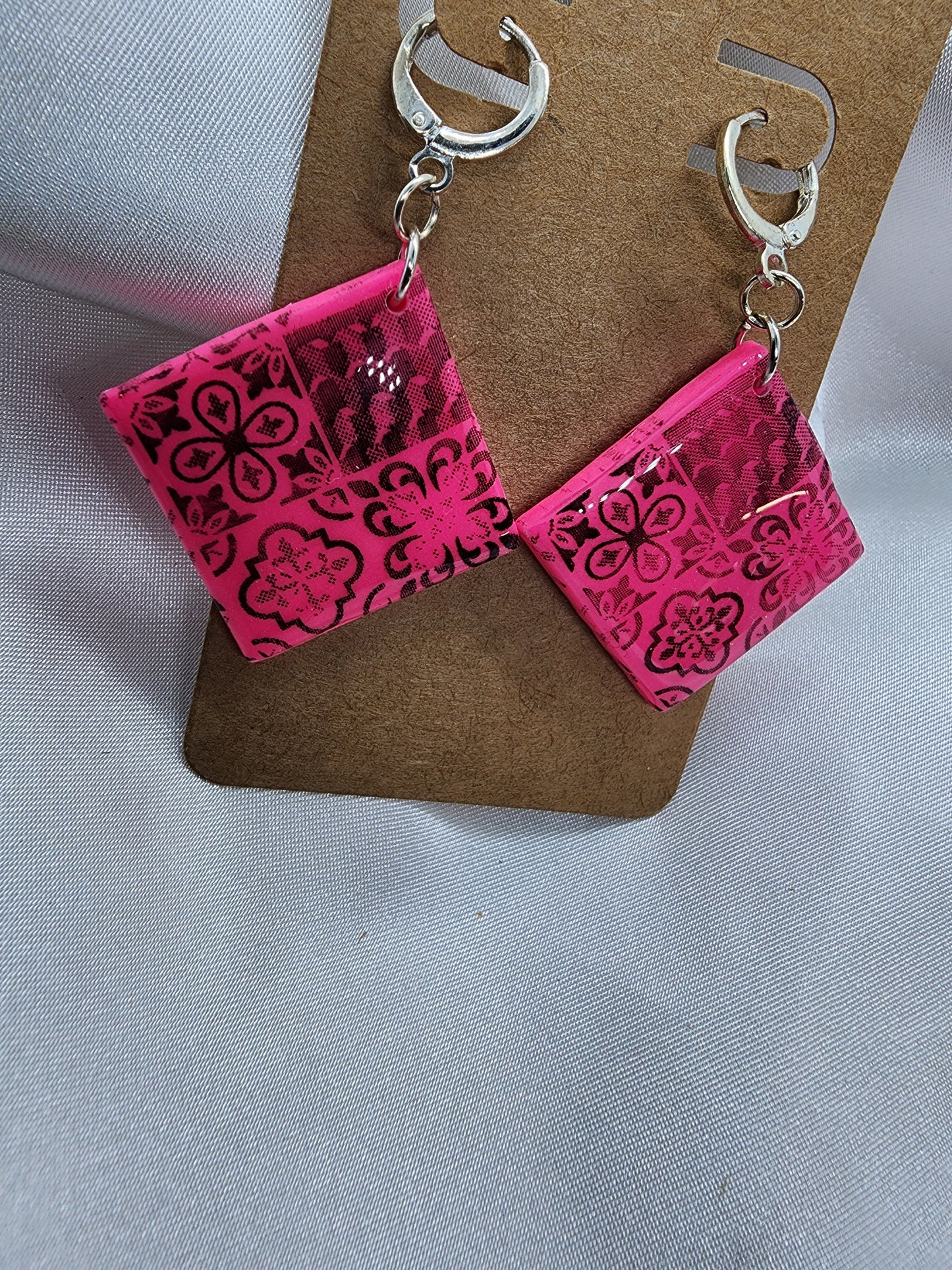 Pink Tile Leverback Earrings