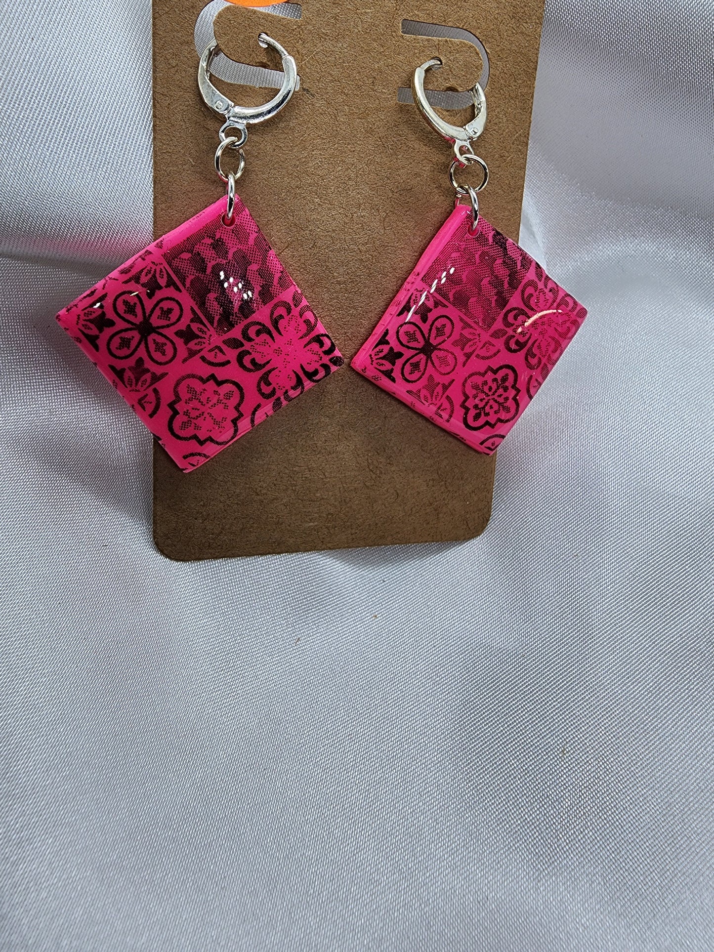 Pink Tile Leverback Earrings