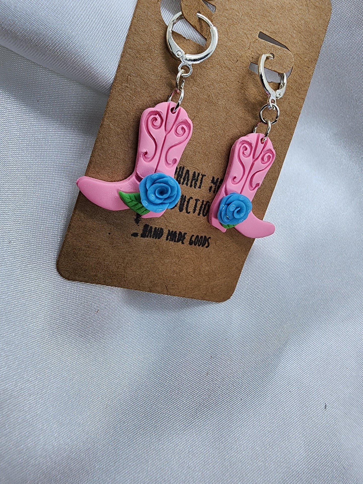 Pink Cowgirl Boots with Blue Roses leverback earrings