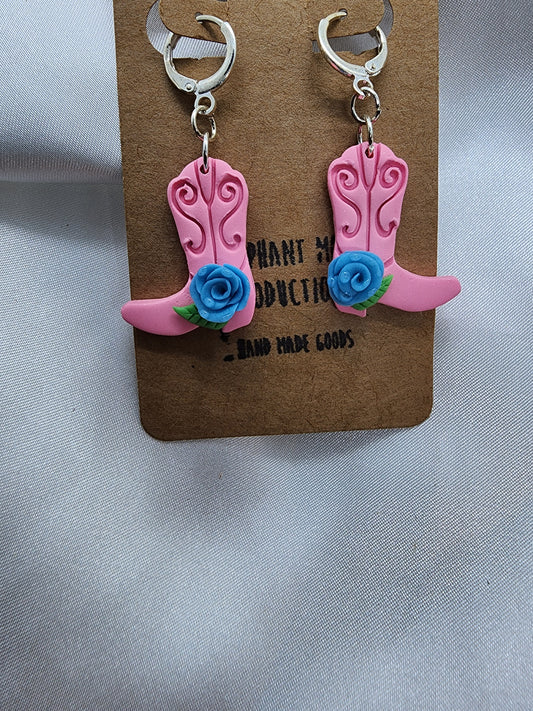 Pink Cowgirl Boots with Blue Roses leverback earrings
