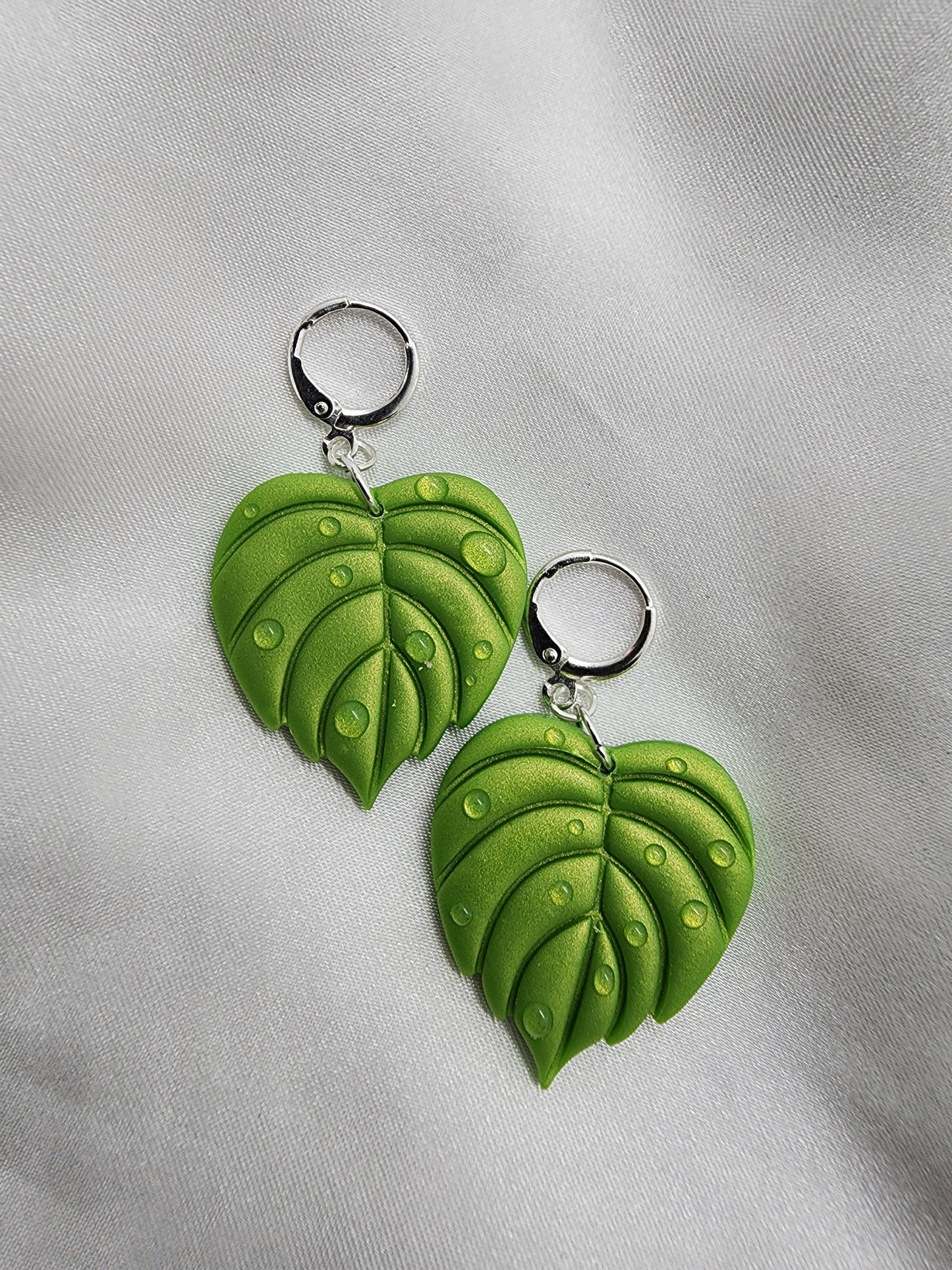 Tropical Leaf with Water Droplets Earrings