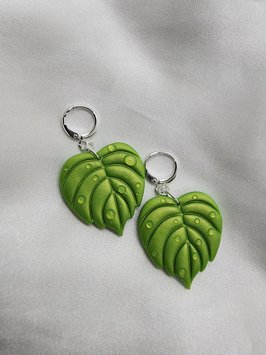 Tropical Leaf with Water Droplets Earrings