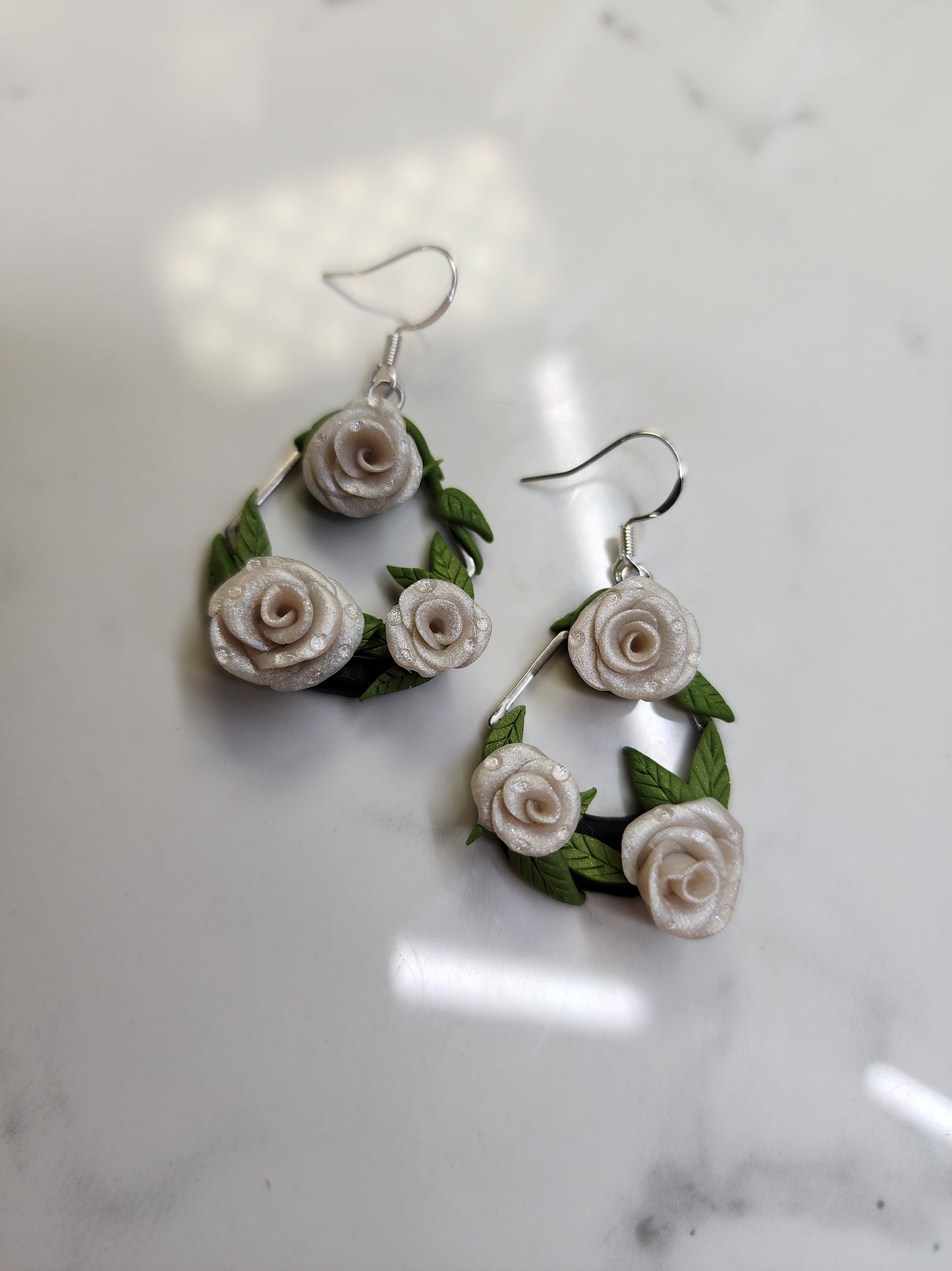 Large White Rose Earrings Handmade