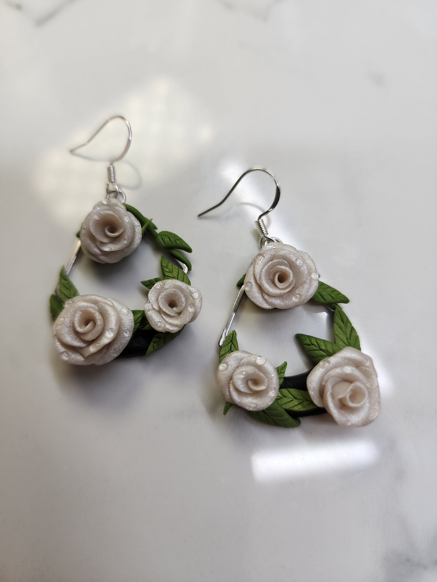 Large White Rose Earrings Handmade