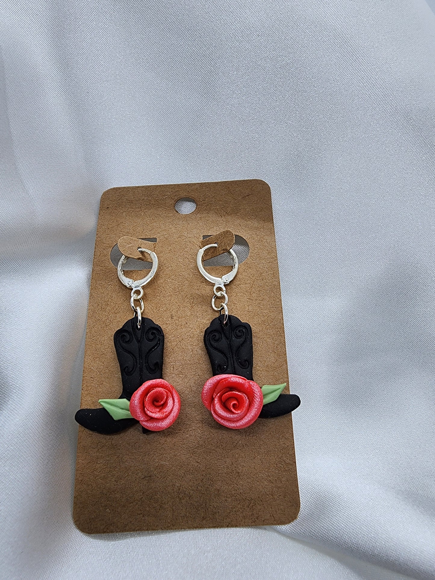 Pink Rose Cowgirl Boots Earrings