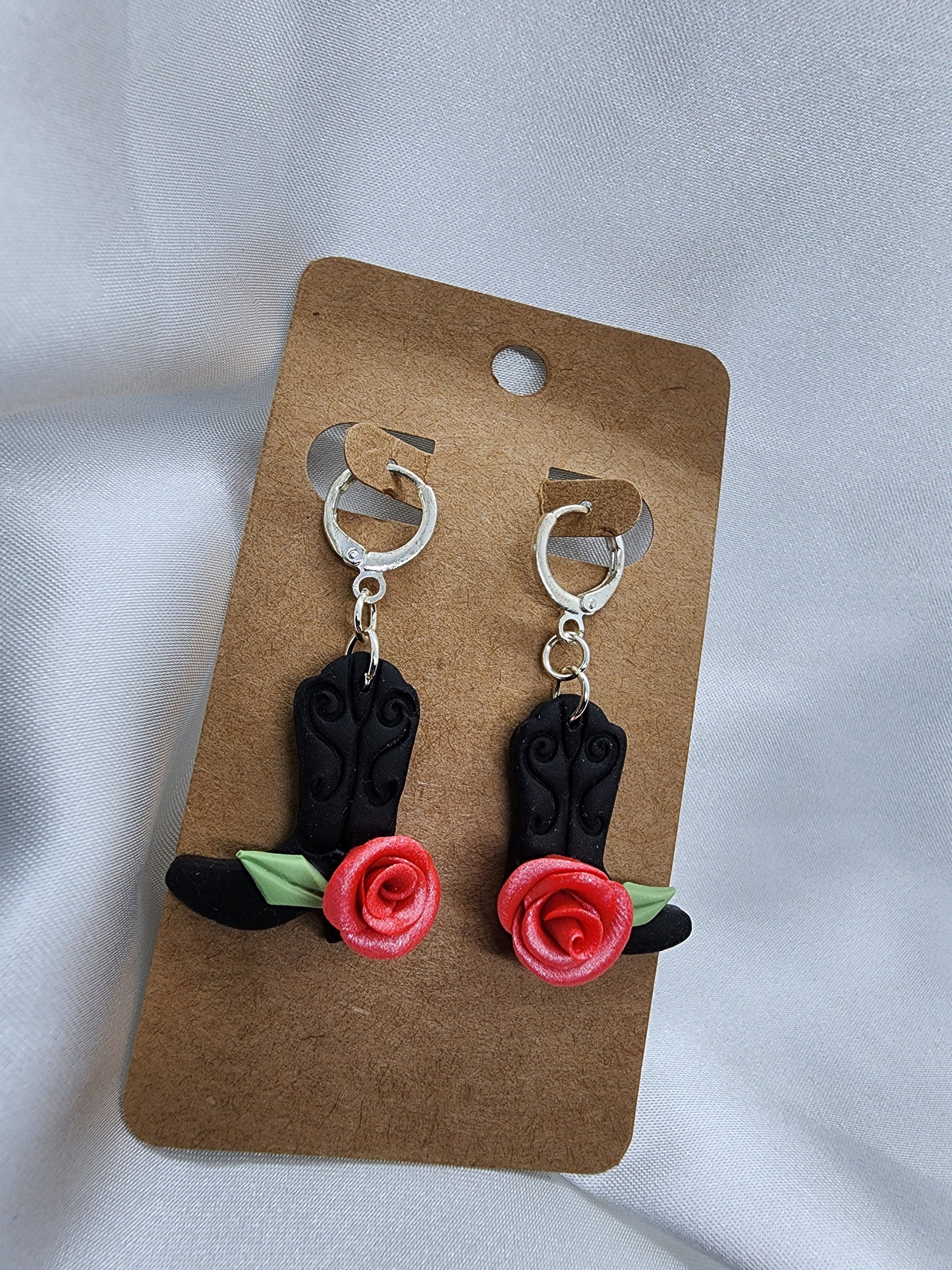 Pink Rose Cowgirl Boots Earrings