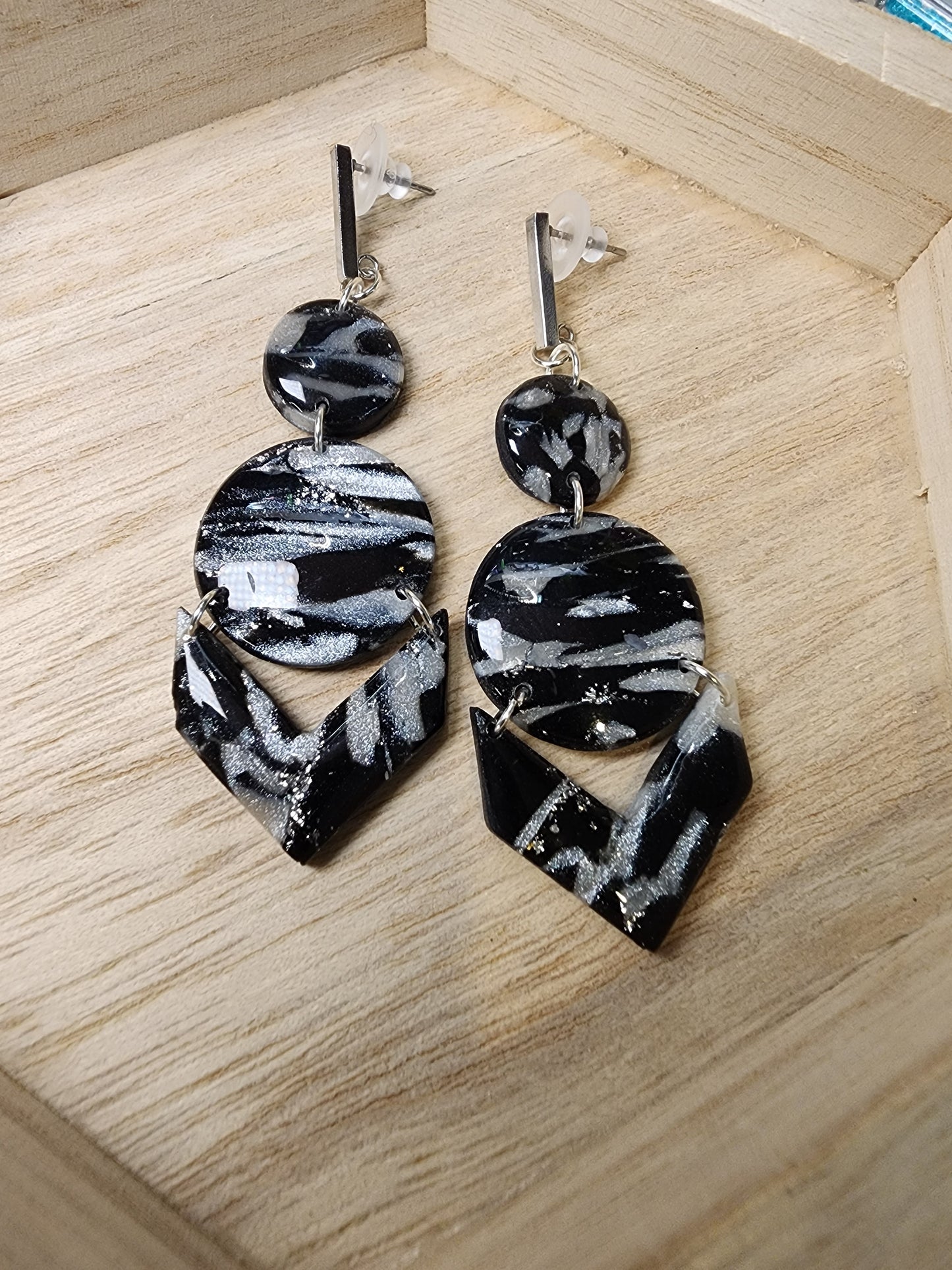 Marbled Shimmery Black & White Clay Earrings