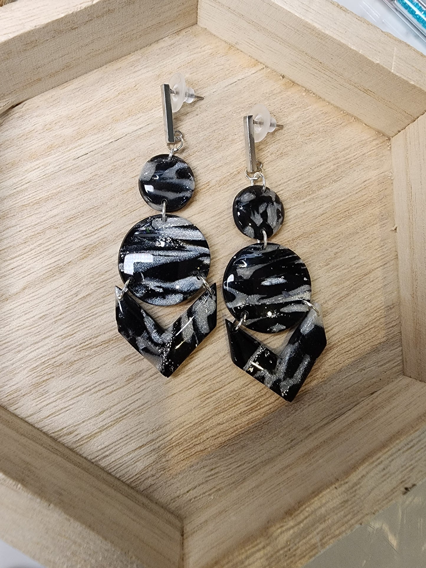 Marbled Shimmery Black & White Clay Earrings
