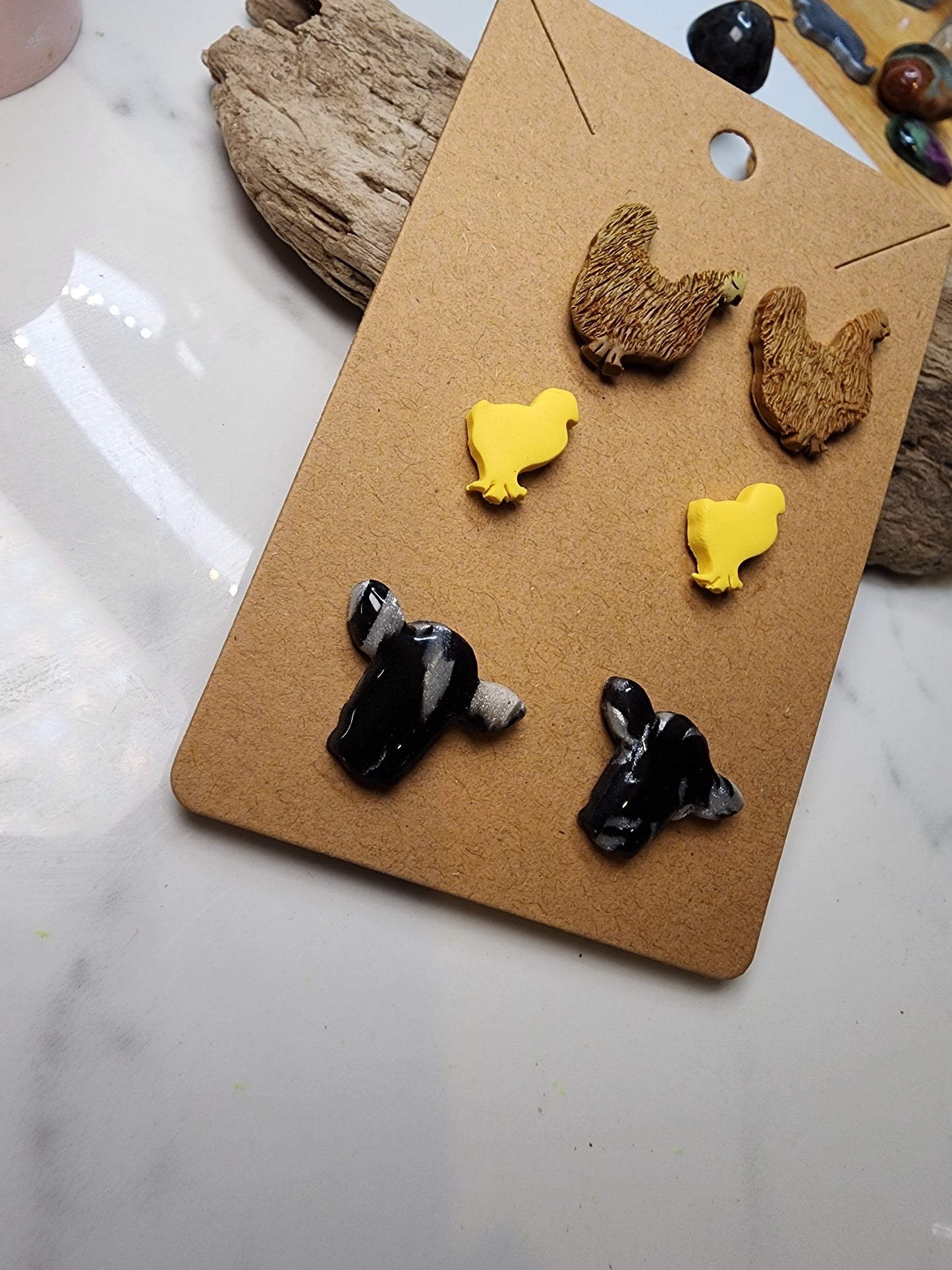 Hen, Chick, and Moo Cow Stud Earrings