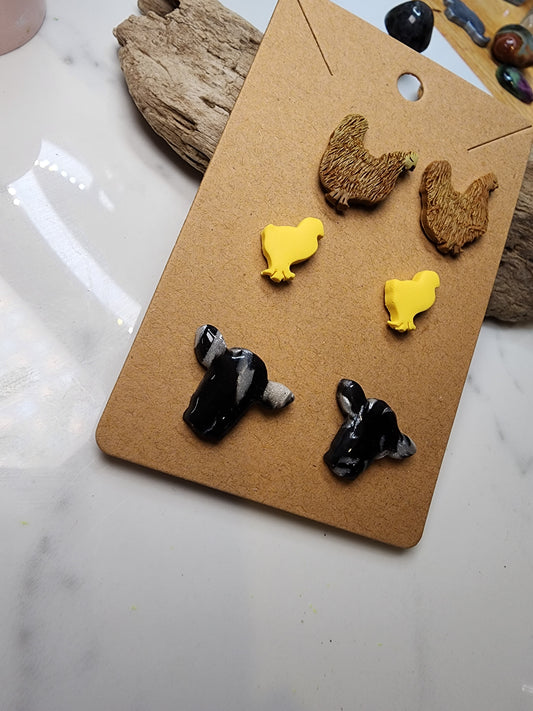 Hen, Chick, and Moo Cow Stud Earrings